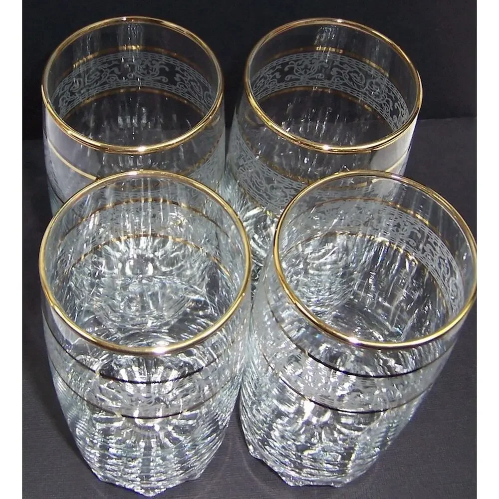 Vintage Paloma Gold & Lace Crystal Highball Glasses Set of 4 Hand Decorated